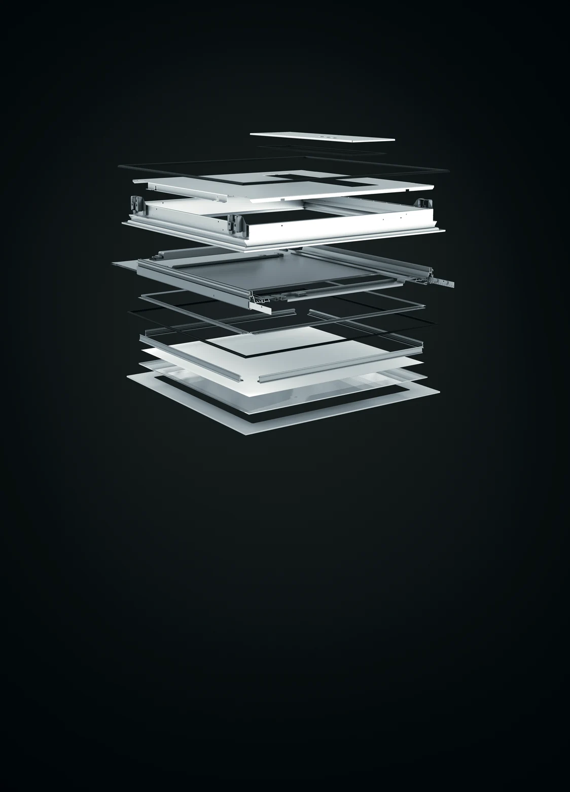 L’image montre le système d’éclairage CLEAN II avec des couches détaillées des composants dans une représentation technique flottante sur fond noir.