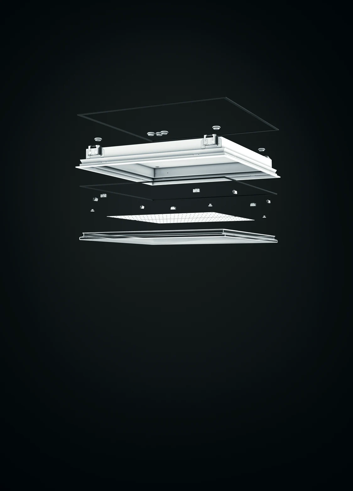 L’image montre le système d’éclairage CLEAN II avec des couches détaillées des composants dans une représentation technique flottante sur fond noir.