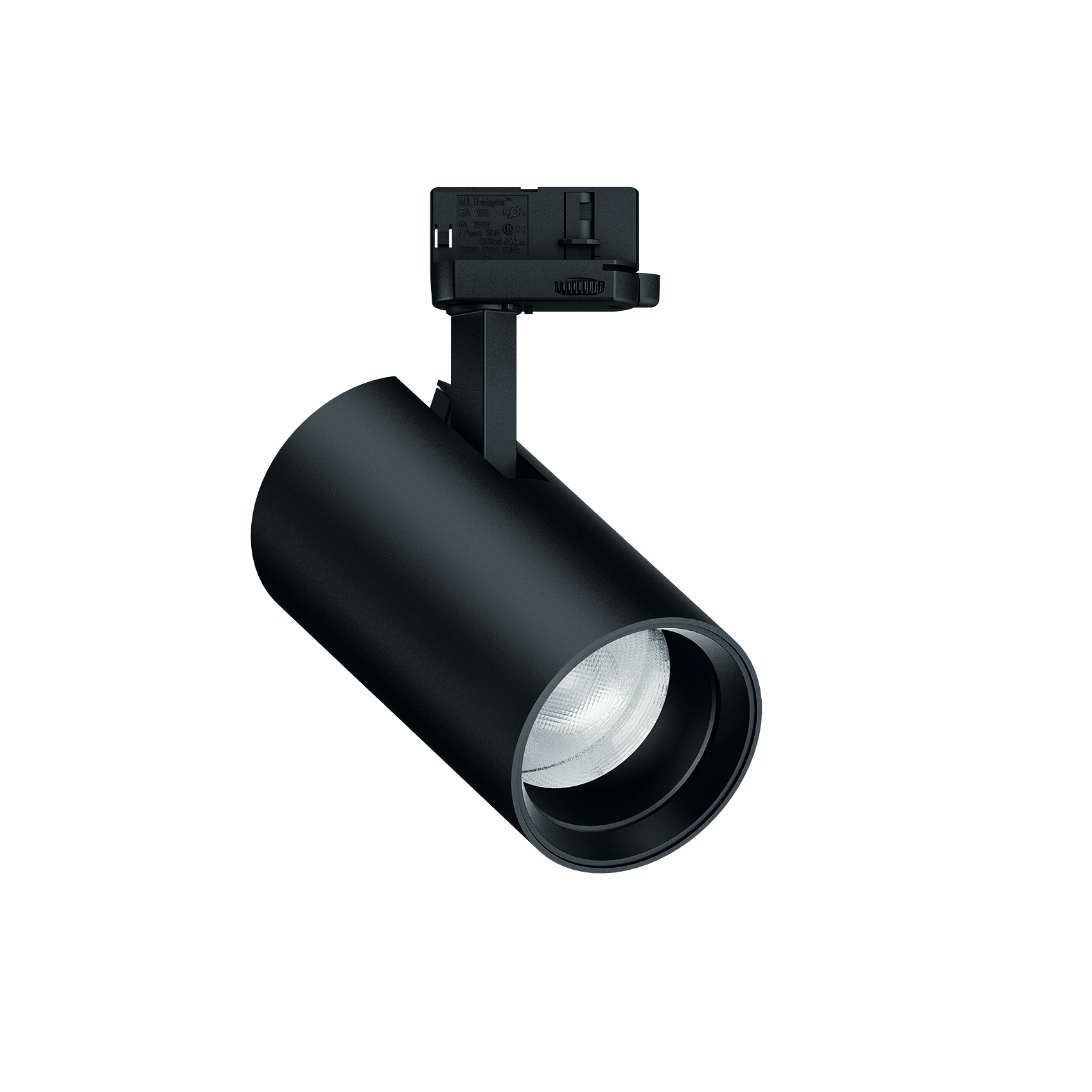 Schwarzer LED-Strahler für Stromschienen, dessen flexible Lichtlösung gezielte Akzentbeleuchtung ermöglicht.