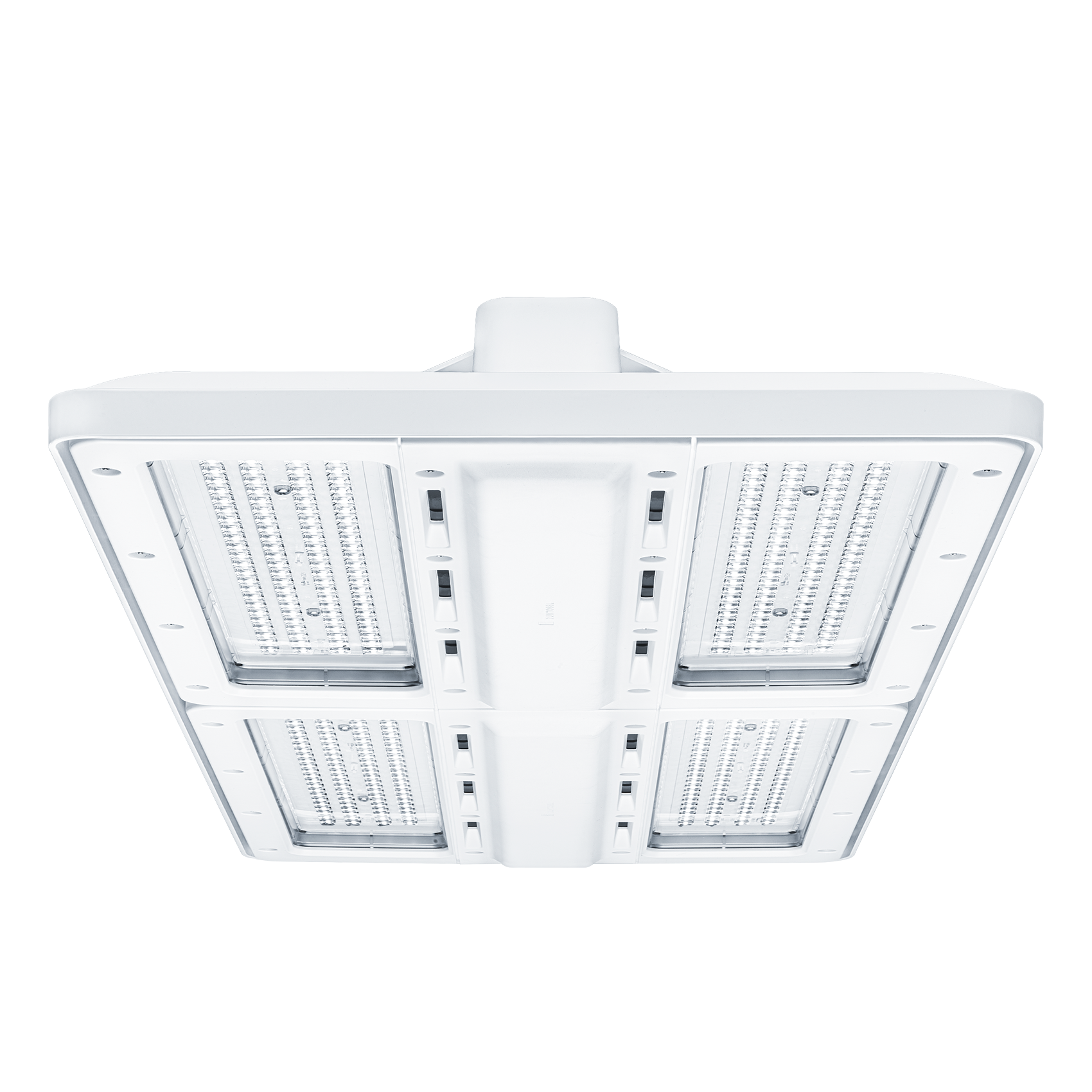 A square, white LED luminaire with four rectangular light modules that are symmetrically arranged. The luminaire is suitable for large-scale, intensive lighting and is depicted against a black background.