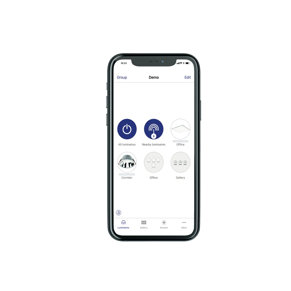 Ausschnitt eines Smartphones mit der Lichtsteuerungs-App für basicDIM Wireless.