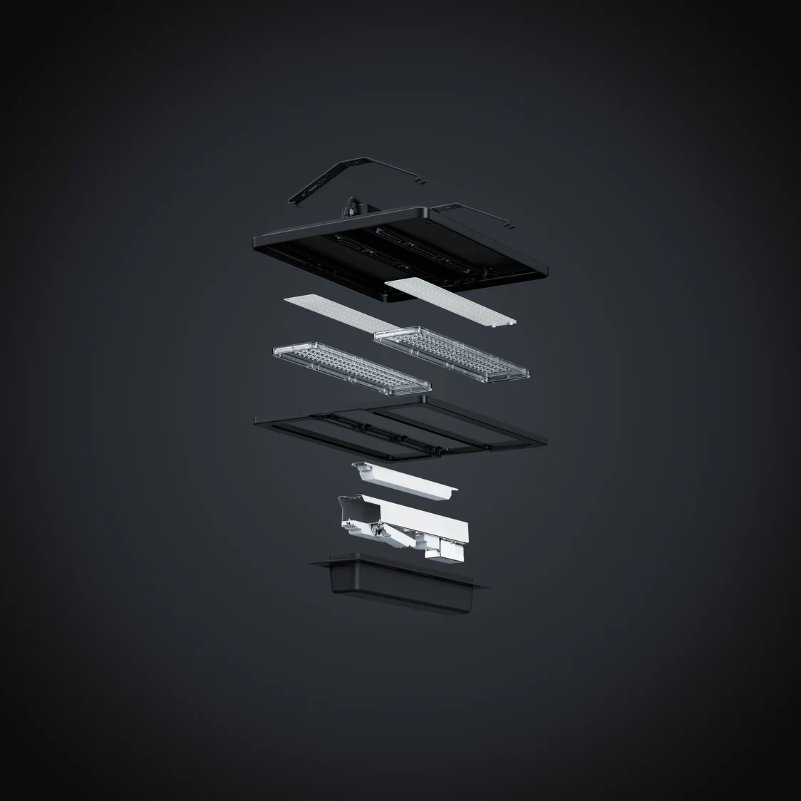 Il sistema di gestione della luce CRAFT in uno schema esploso mostra i suoi componenti modulari per rendere visibili i dettagli costruttivi innovativi.