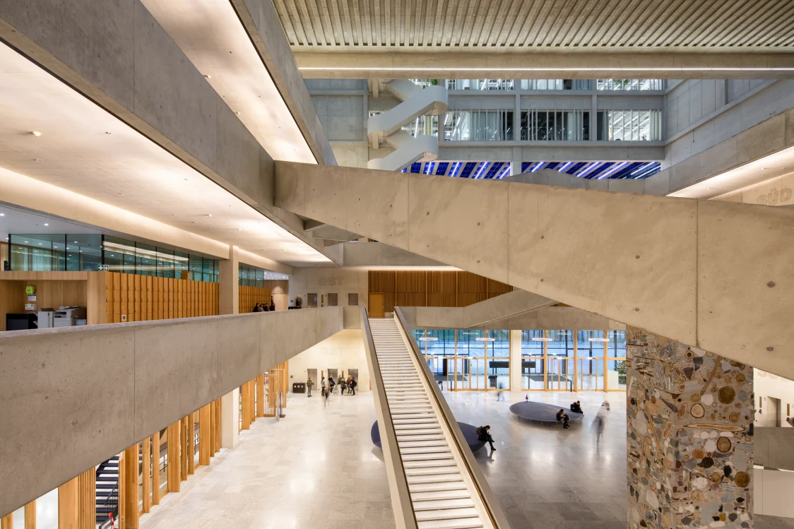 Zentrale Halle des FHNW Campus mit großzügiger Raumhöhe, Sichtbeton und skulpturalen Treppen. Die integrierte FREELINE-Beleuchtung folgt der architektonischen Struktur und schafft visuelle Klarheit