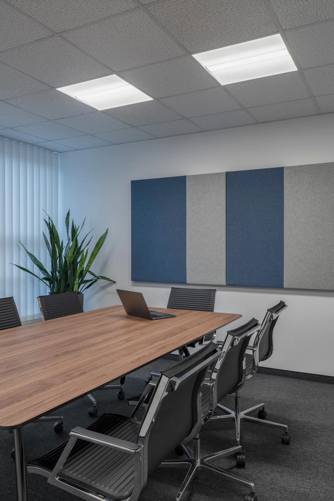 MELLOW LIGHT éclaire uniformément une salle de réunion avec une longue table, des chaises grises et une plante en arrière-plan.