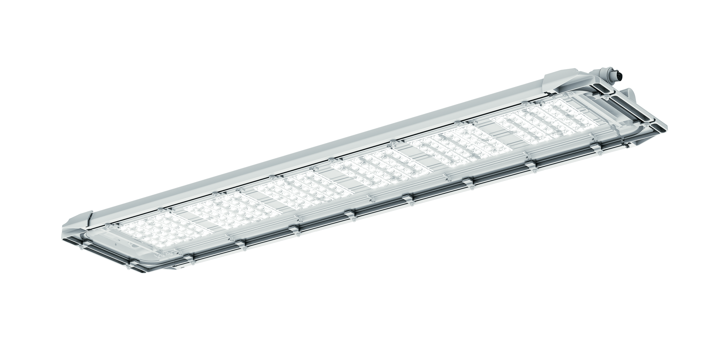 Un luminaire LED industriel rectangulaire avec un design mince et métallique et plusieurs rangées de modules LED. Cette solution d’éclairage écoénergétique et robuste est idéale pour les grands espaces commerciaux, les entrepôts ou les tunnels.