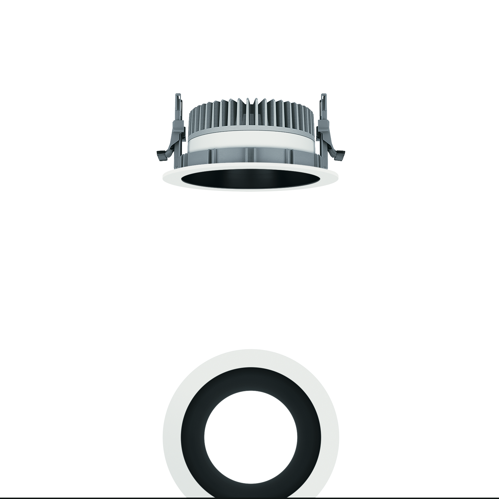 A picture of two round, recessed luminaires against a white background. The upper luminaire displays the mechanism that would be hidden in the ceiling, while the lower luminaire displays the visible appearance.