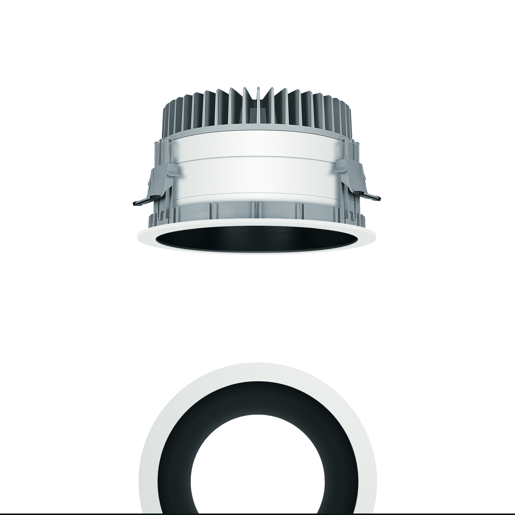 L'apparecchio illuminotecnico raffigurato è un faretto d'incasso LED tondo con corpo bianco e riflettore interno nero. Le lamelle integrate garantiscono un'efficiente dissipazione del calore, ideale per l'impiego in interni moderni.