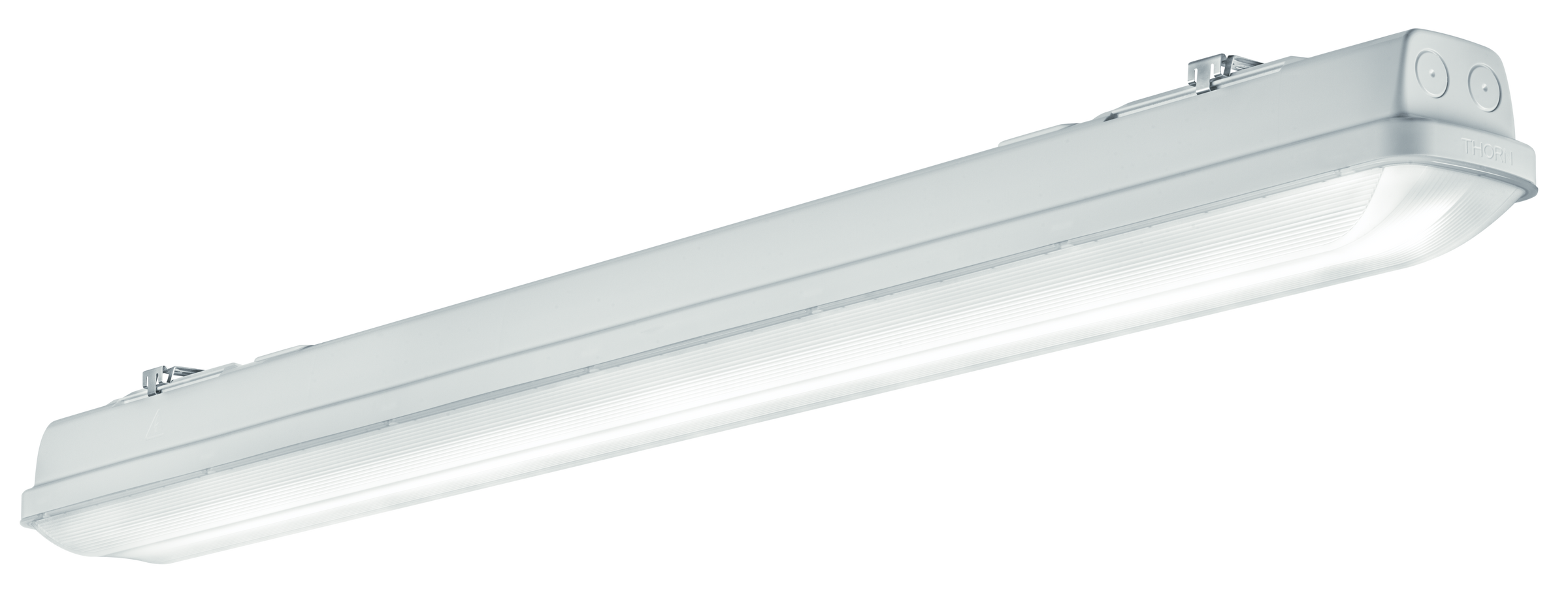 Un plafonnier LED blanc aux lignes rectangulaires, comprenant un boîtier en plastique durable et un couvercle dépoli pour une distribution lumineuse uniforme. Le luminaire est adapté aux environnements industriels ou commerciaux.