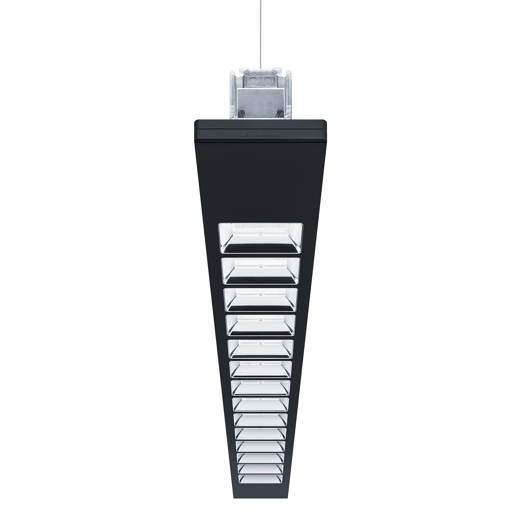 A trapezoidal, black LED luminaire with several rectangular light modules that emit directional light. The luminaire is depicted against a black background.