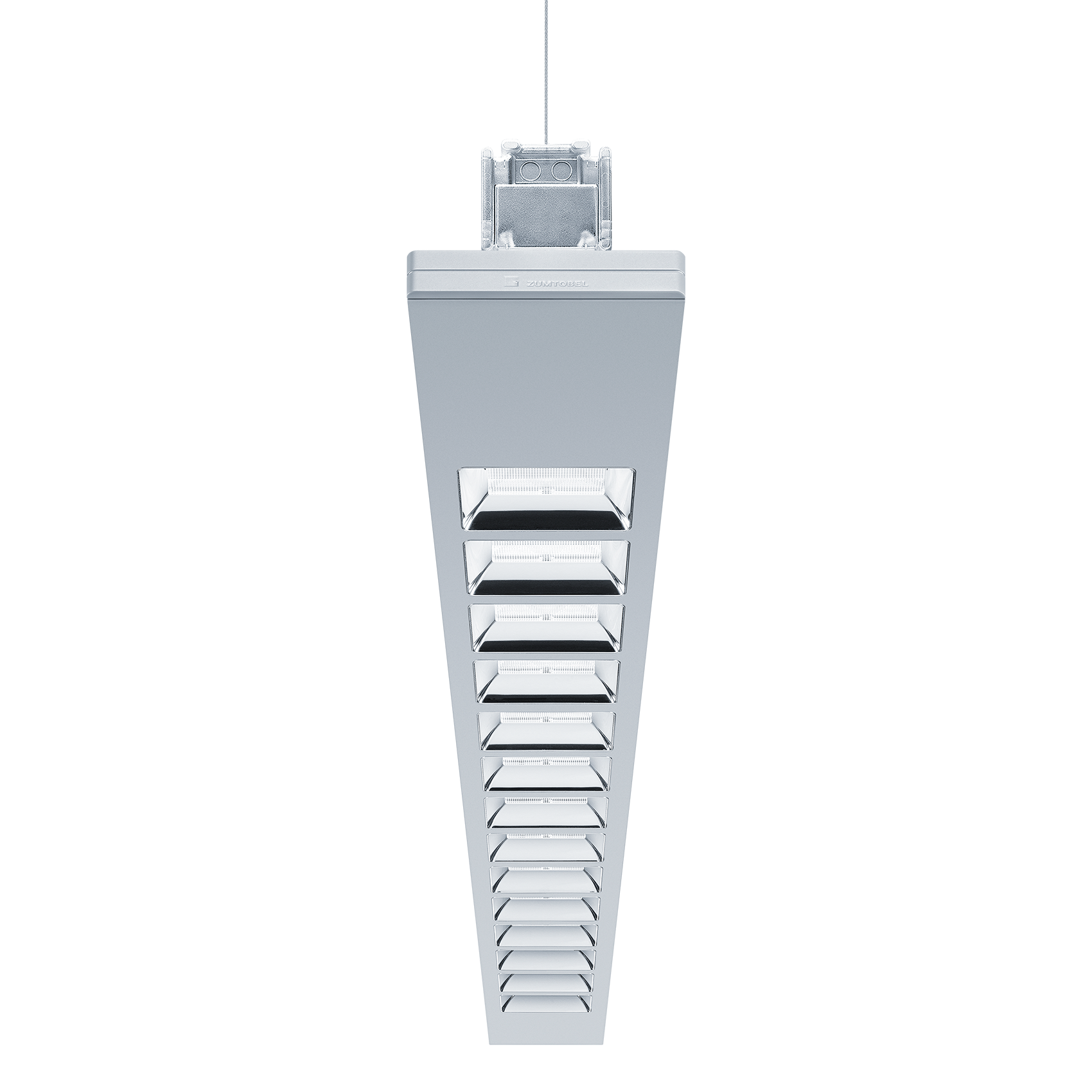 A suspended, elongated luminaire with several rectangular light emission openings. The luminaire is in a neutral colour and is depicted against a white background.