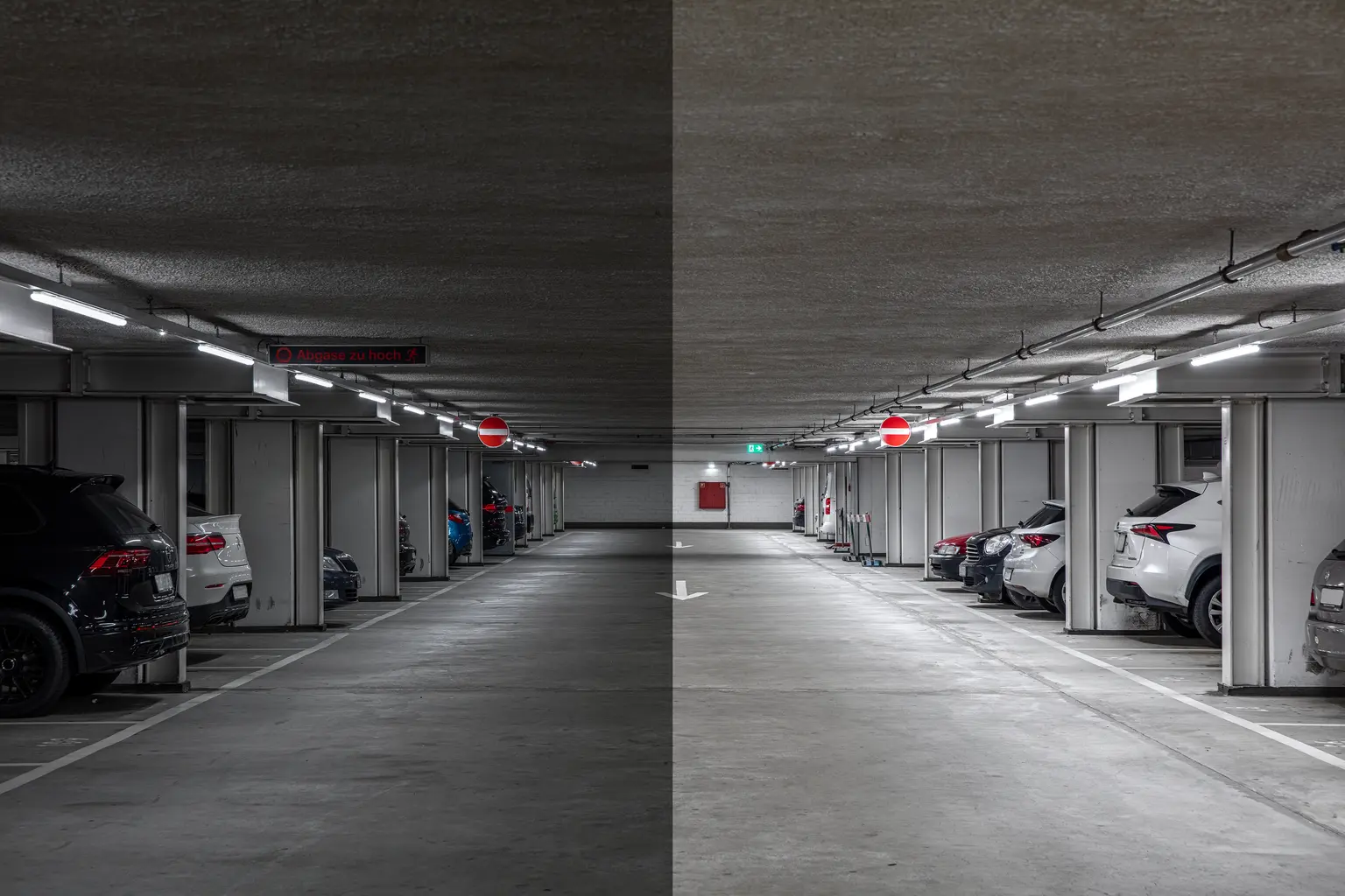Comparison of images before and after renovation in the parking garage Gundeli-Park