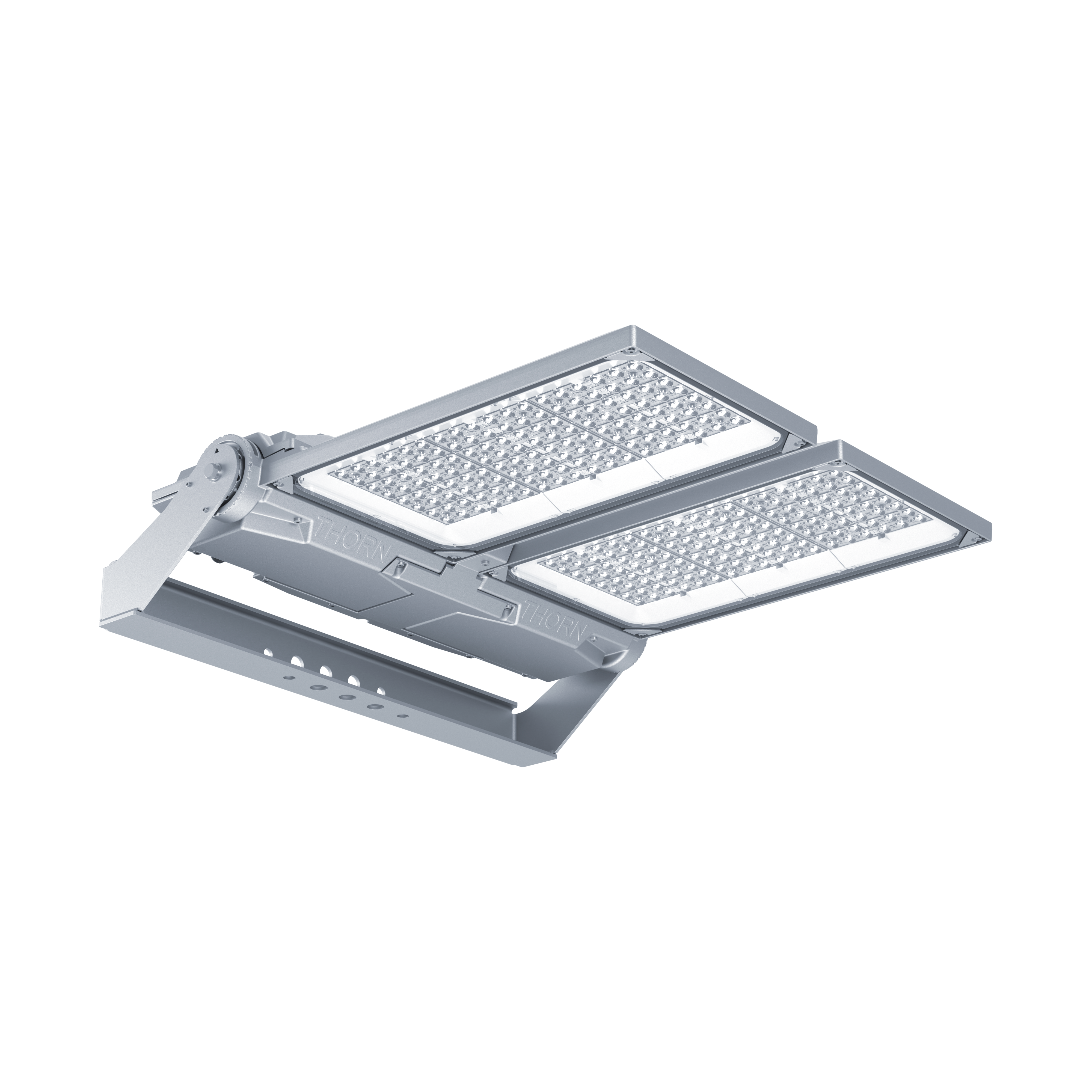 Moderne led-schijnwerper met twee verstelbare panelen en een robuuste metalen bevestigingsbeugel. Het armatuur is ontworpen voor zeer efficiënte verlichtingstoepassingen buitenshuis of in de industrie.