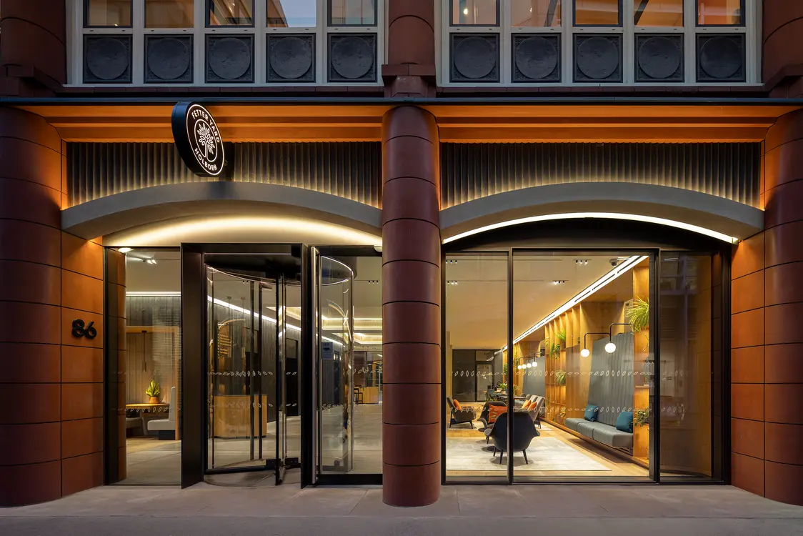 Outside of Fetter Yard Office Building in London. Lighting by Zumtobel .