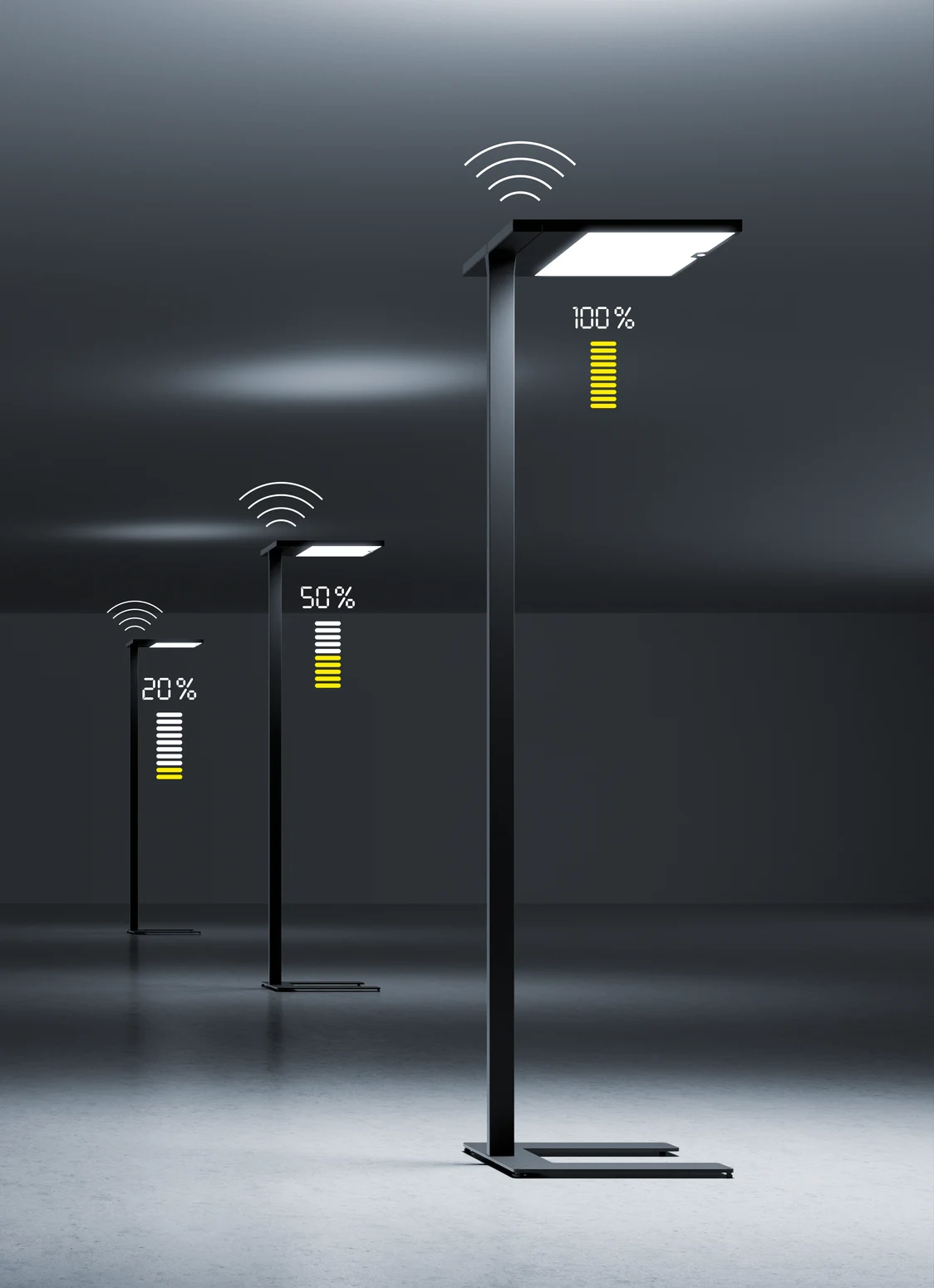Les lampadaires ARTELEA dans une pièce moderne affichent des indicateurs de réglage de la brillance à 20 %, 50 % et 100 % avec une icône Wi-Fi stylisée.
