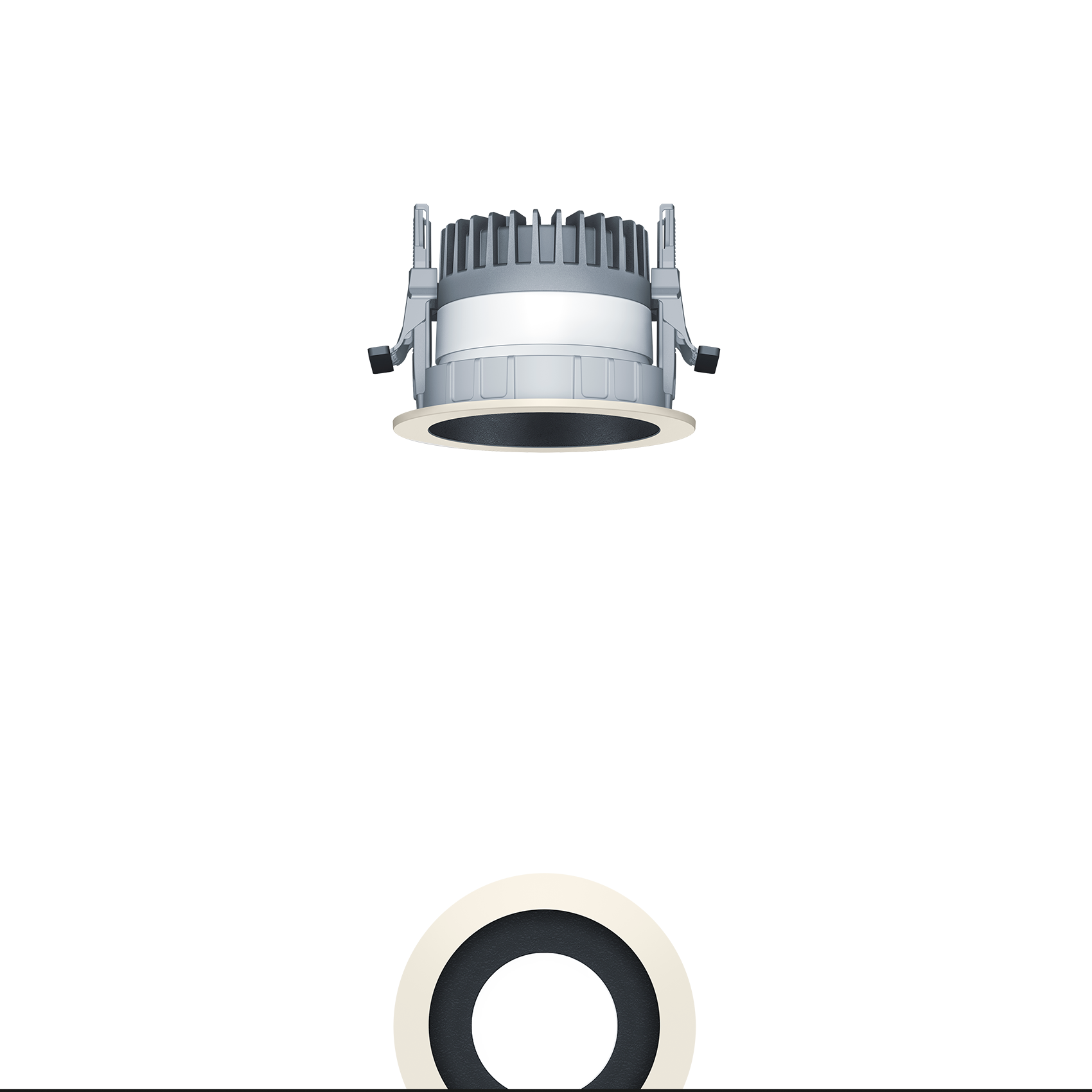 Nella foto è raffigurato un faretto LED a incasso a soffitto rotondo con cornice nera e dissipatore di calore passivo. L'apparecchio illuminotecnico è ideale per un’illuminazione generale efficiente dal punto di vista energetico e ad alte prestazioni.