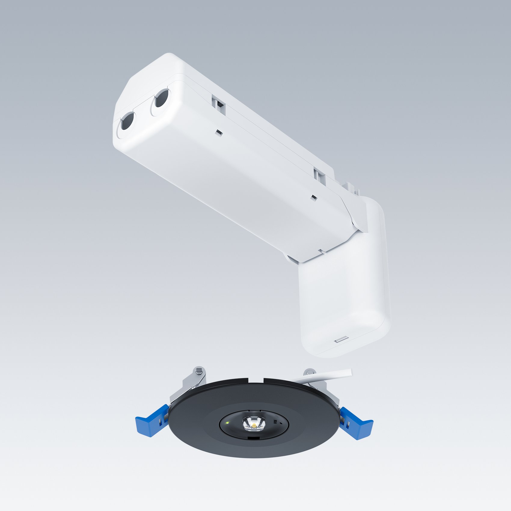 Een compacte ledspot met een witte montagemodule en een zwarte ronde armatuur. Het ontwerp heeft blauwe sluitclips voor eenvoudige montage, waardoor het geschikt is voor inbouwverlichting in commerciële of residentiële ruimtes.
