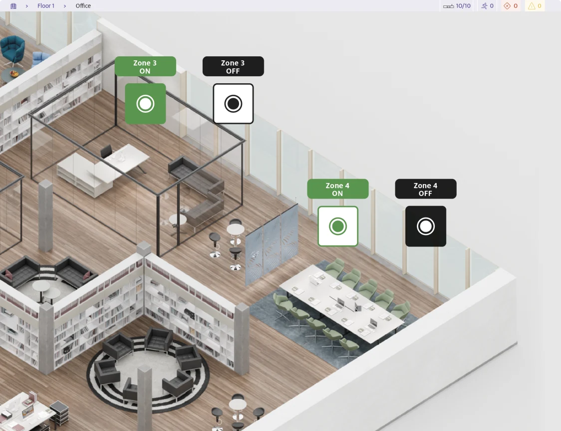 Plusieurs écrans du logiciel LightingGO avec des affichages d’urgence.