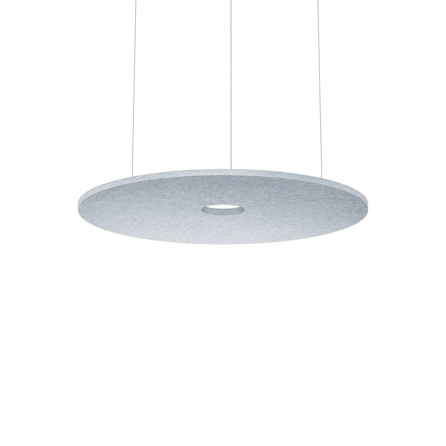 Round acoustic panel with suspension wires for modern lighting by Zumtobel