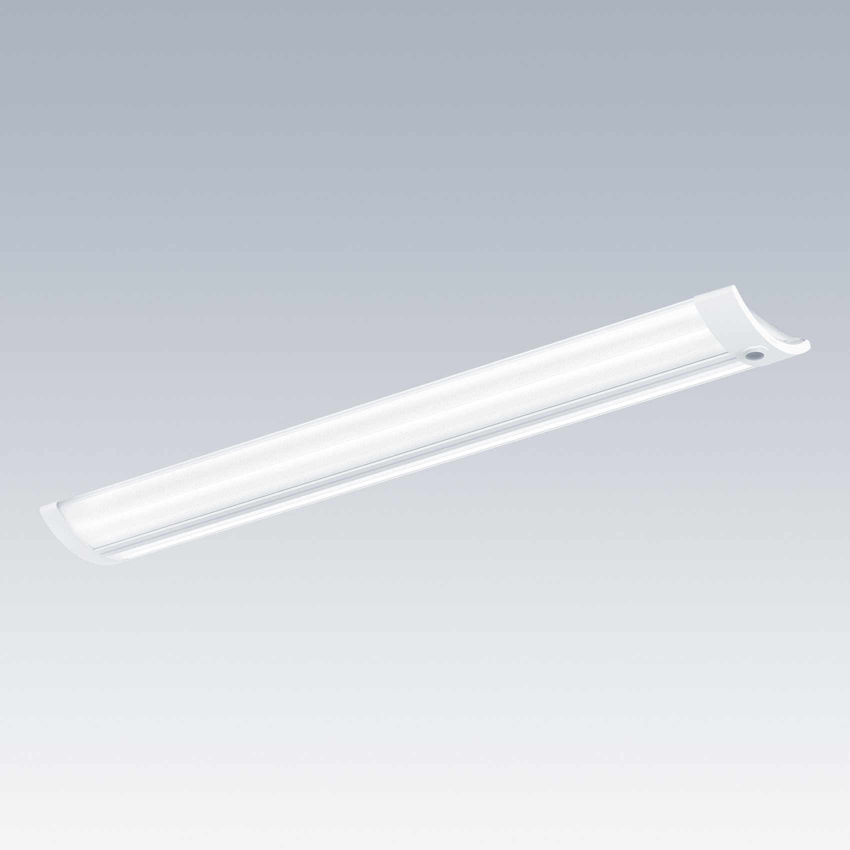 Une réglette LED moderne dotée d’un boîtier blanc mince et légèrement courbée. Offrant une distribution lumineuse homogène et sans éblouissement, elle est idéale pour les applications industrielles ou commerciales.
