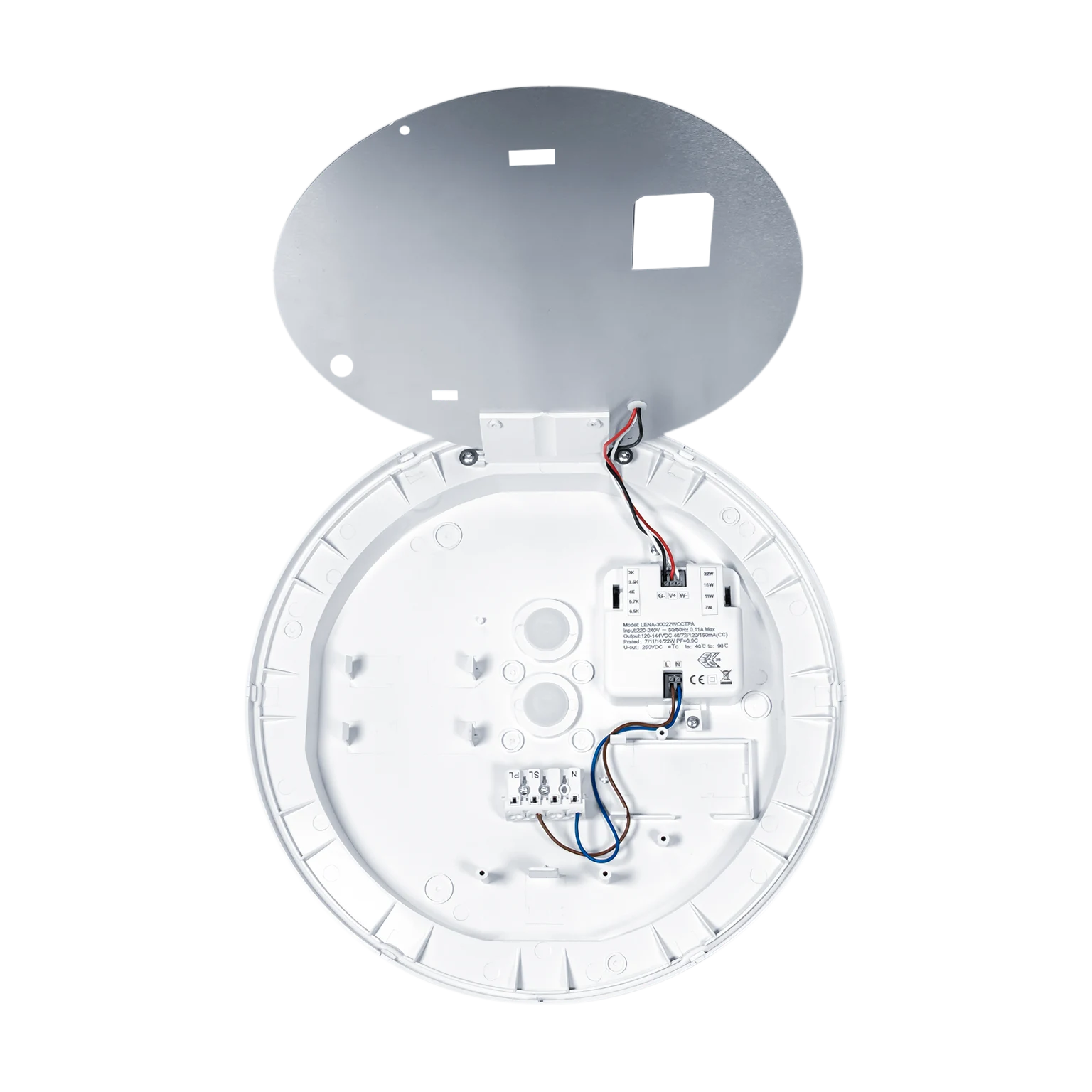 Un'immagine che mostra l'interruttore CCT all'interno della plafoniera stagna LENA