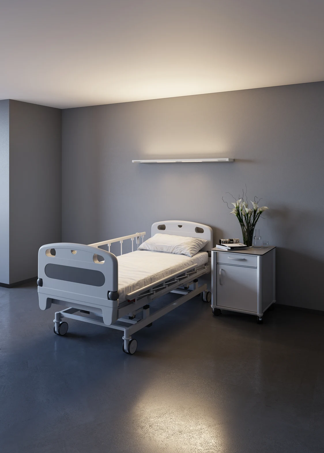 Die CALMEA-Leuchte beleuchtet ein modernes Krankenzimmer.