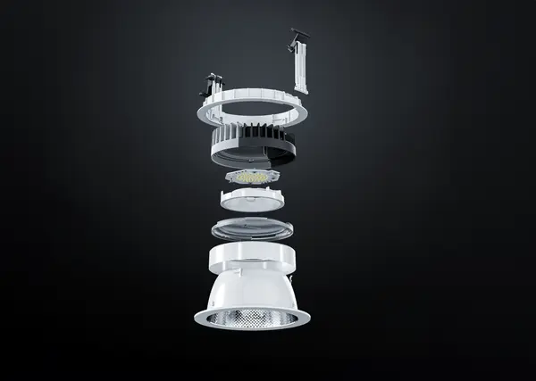 An animation of the PANOS III luminaire, where you can see the luminaire divided into its different components. 