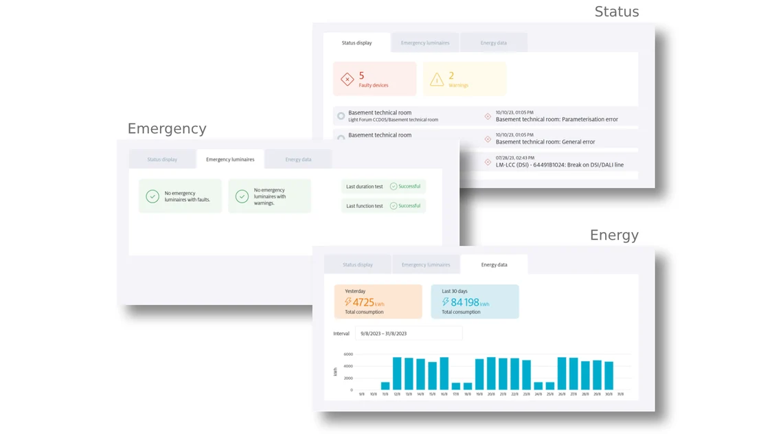 Plusieurs écrans du logiciel LightingGO avec des affichages d’urgence.