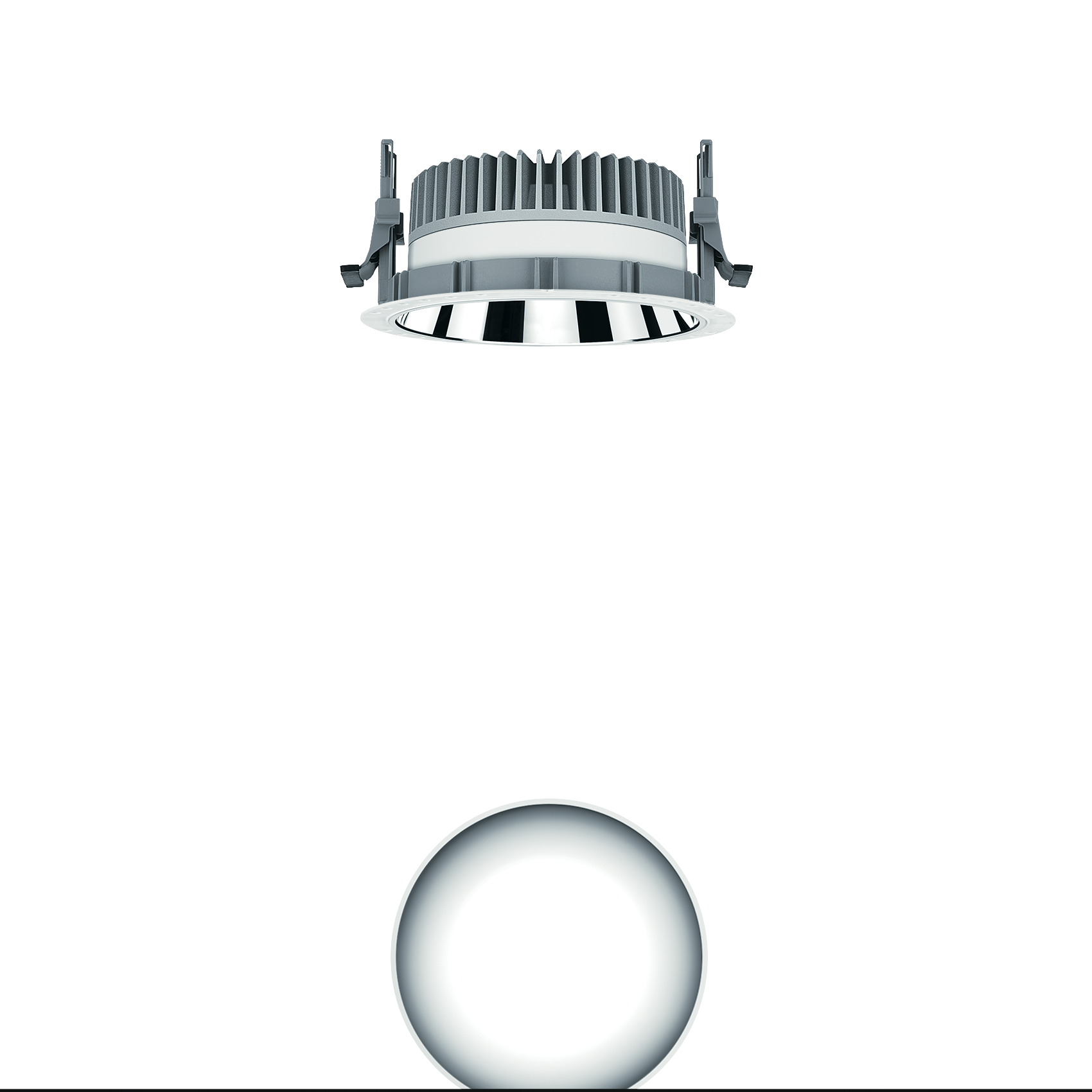 Round recessed downlight with metallic cooling fins and a structured reflector, whose efficient lighting solution ensures precise and uniform illumination.