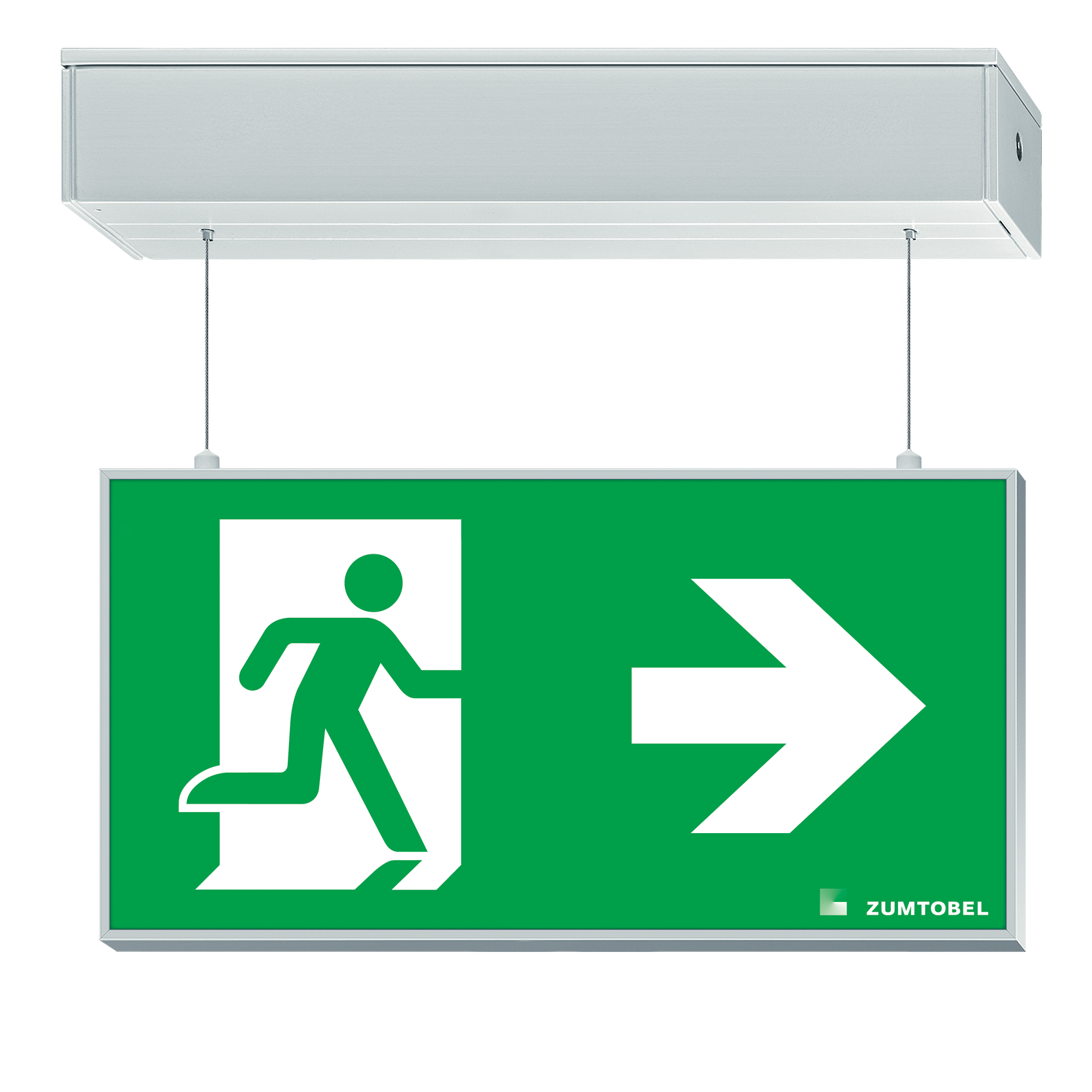 Grote, verlichte nooduitgangsarmatuur met vluchtroutesymbool en een naar rechts wijzende pijl; de verlichtingsoplossing maakt een veilige vluchtroute mogelijk.