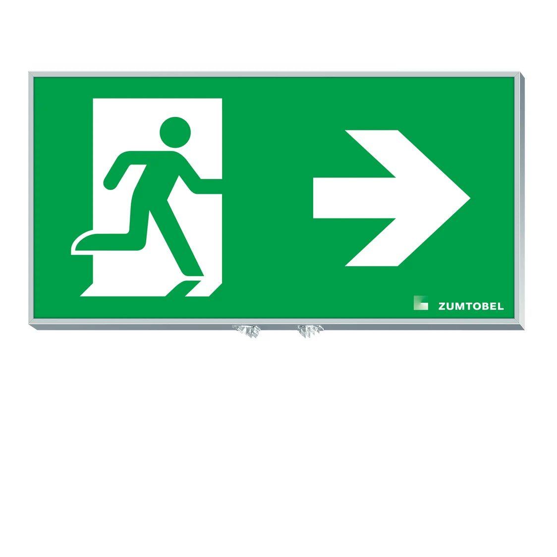 Un luminaire d’évacuation vert de Zumtobel. Un personnage stylisé passe au travers d’une porte en courant. Une flèche pointe vers la droite.