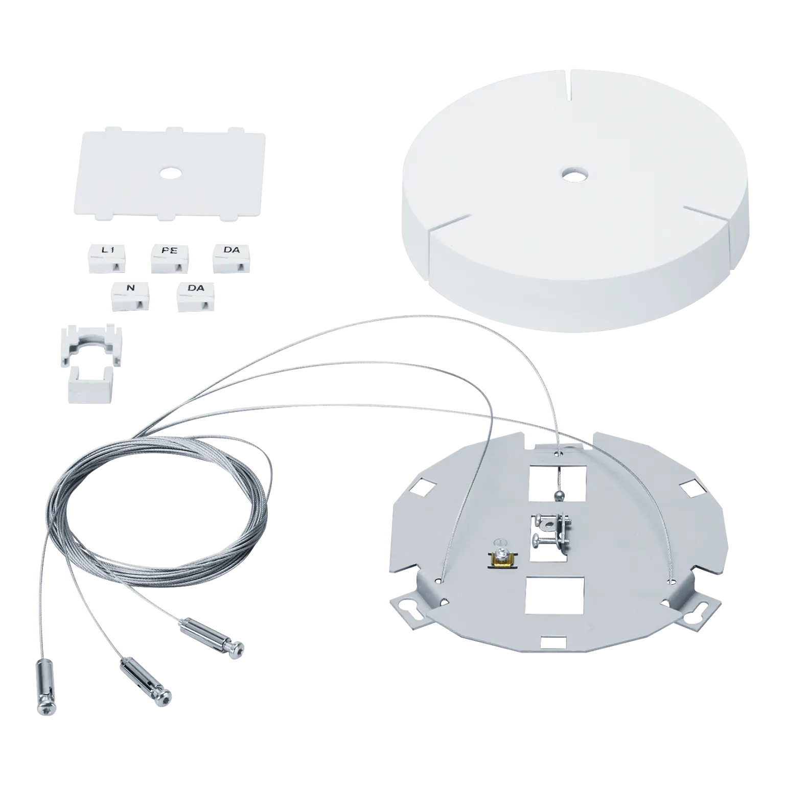 Ceiling suspension kit with cables and terminal blocks for lighting by Zumtobel