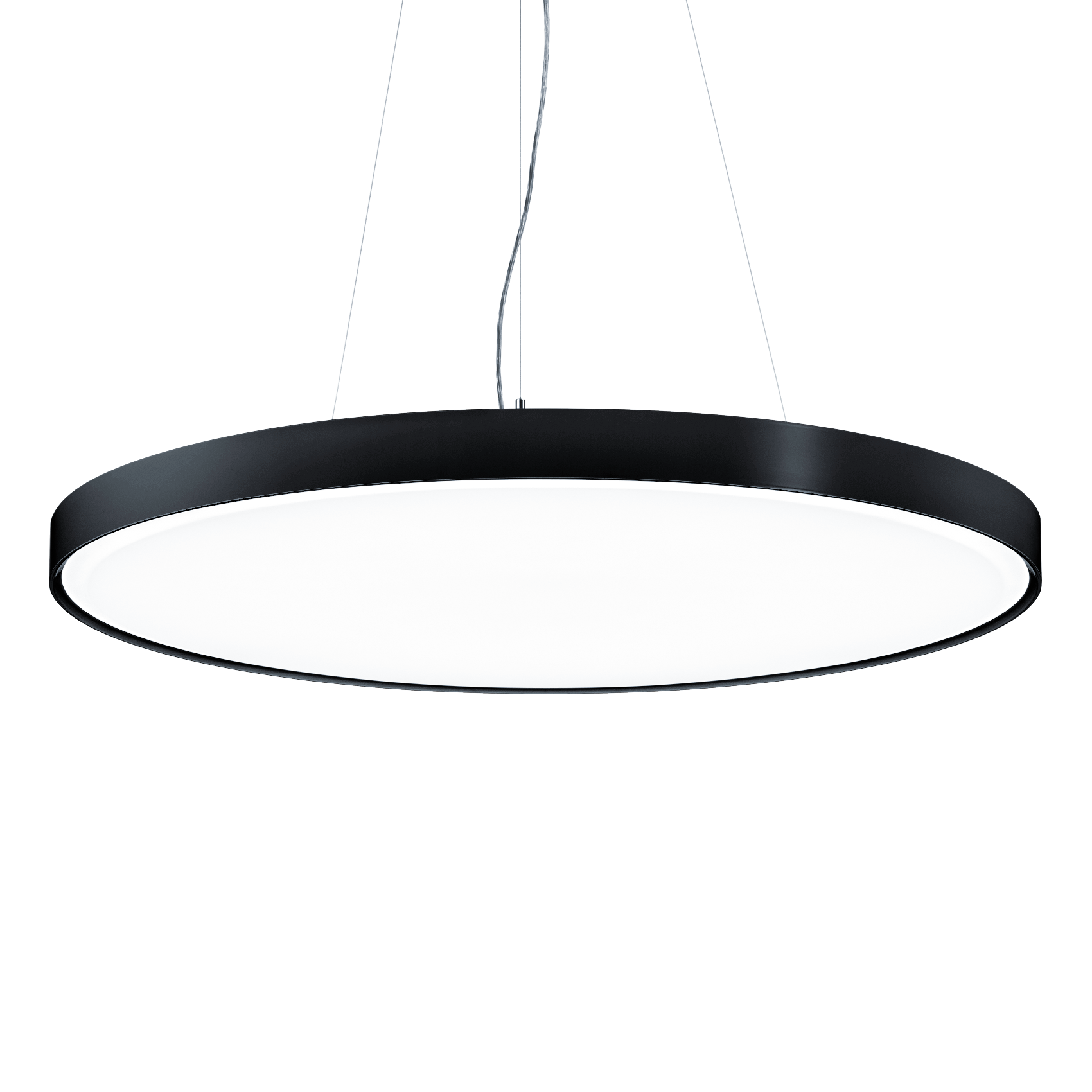 Round, black pendant luminaire with a diffuse light surface offering uniform and glare-free illumination as a modern lighting solution.