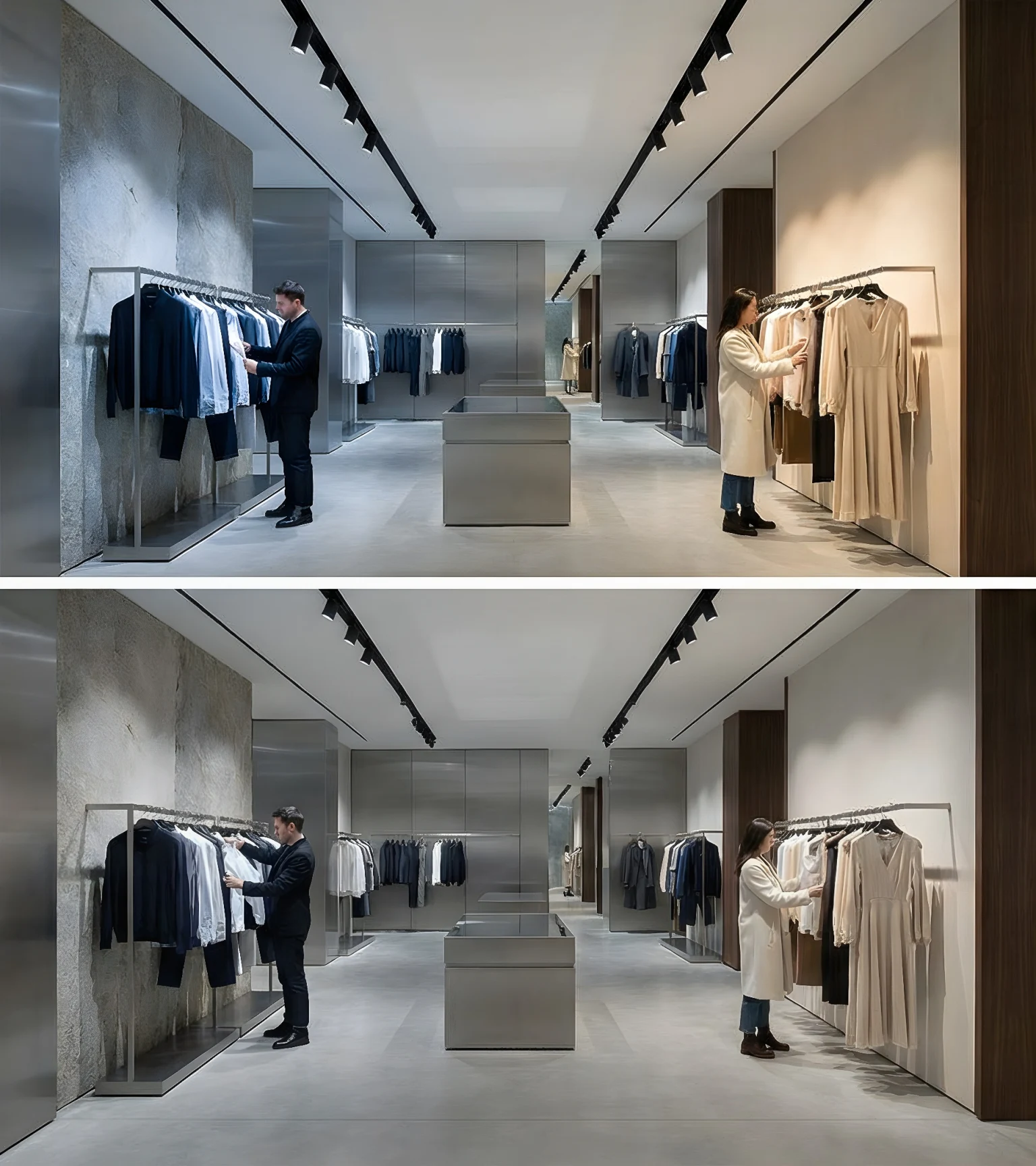 Two people shopping in a high fashion retail store