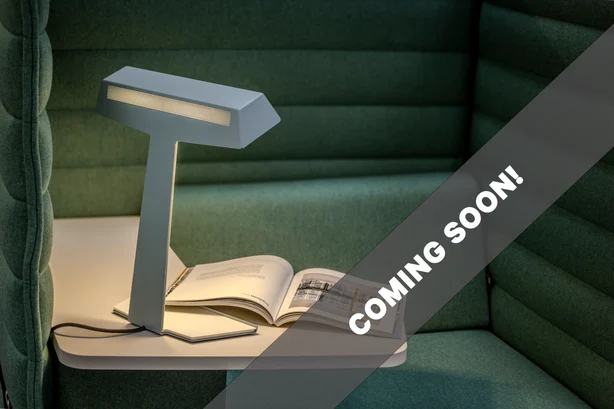 Le luminaire de bureau TALuna est placé devant un canapé vert.