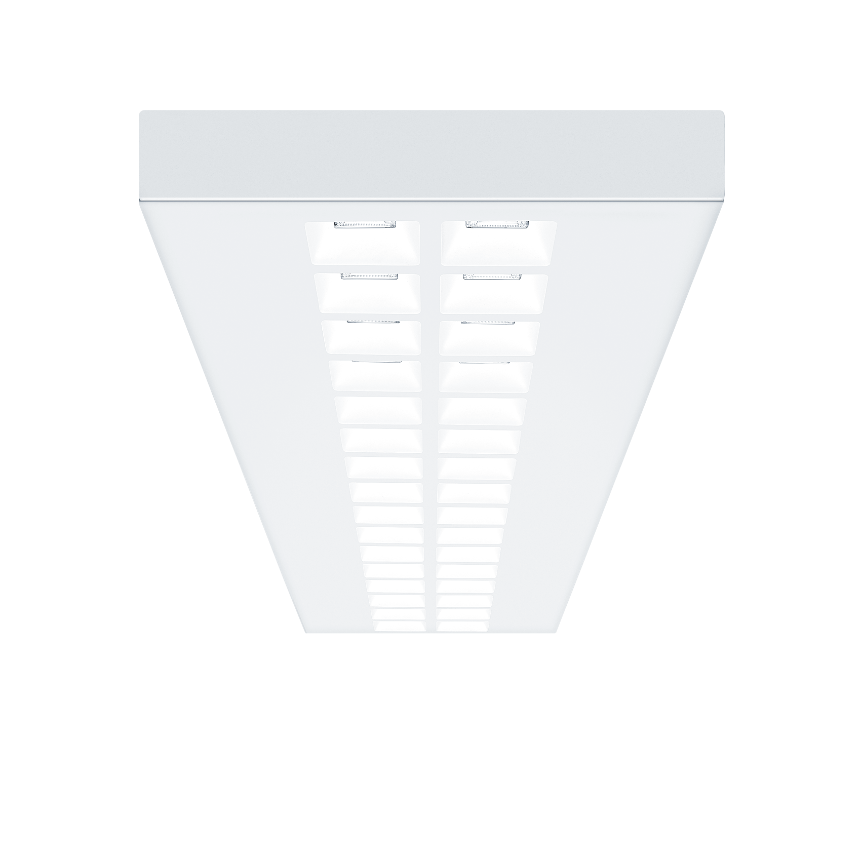 White, elongated ceiling luminaire with two rows of rectangular light chambers, whose lighting solution provides bright and uniform room illumination.