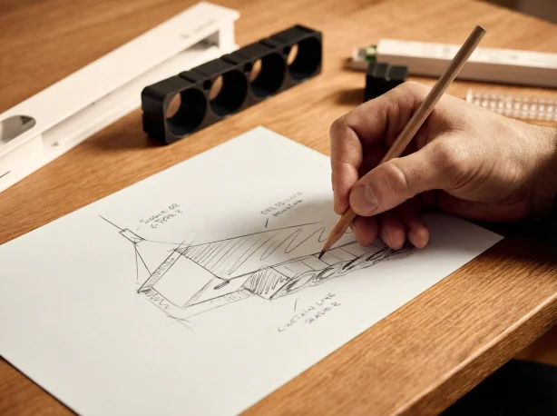 Une main dessine un luminaire. 