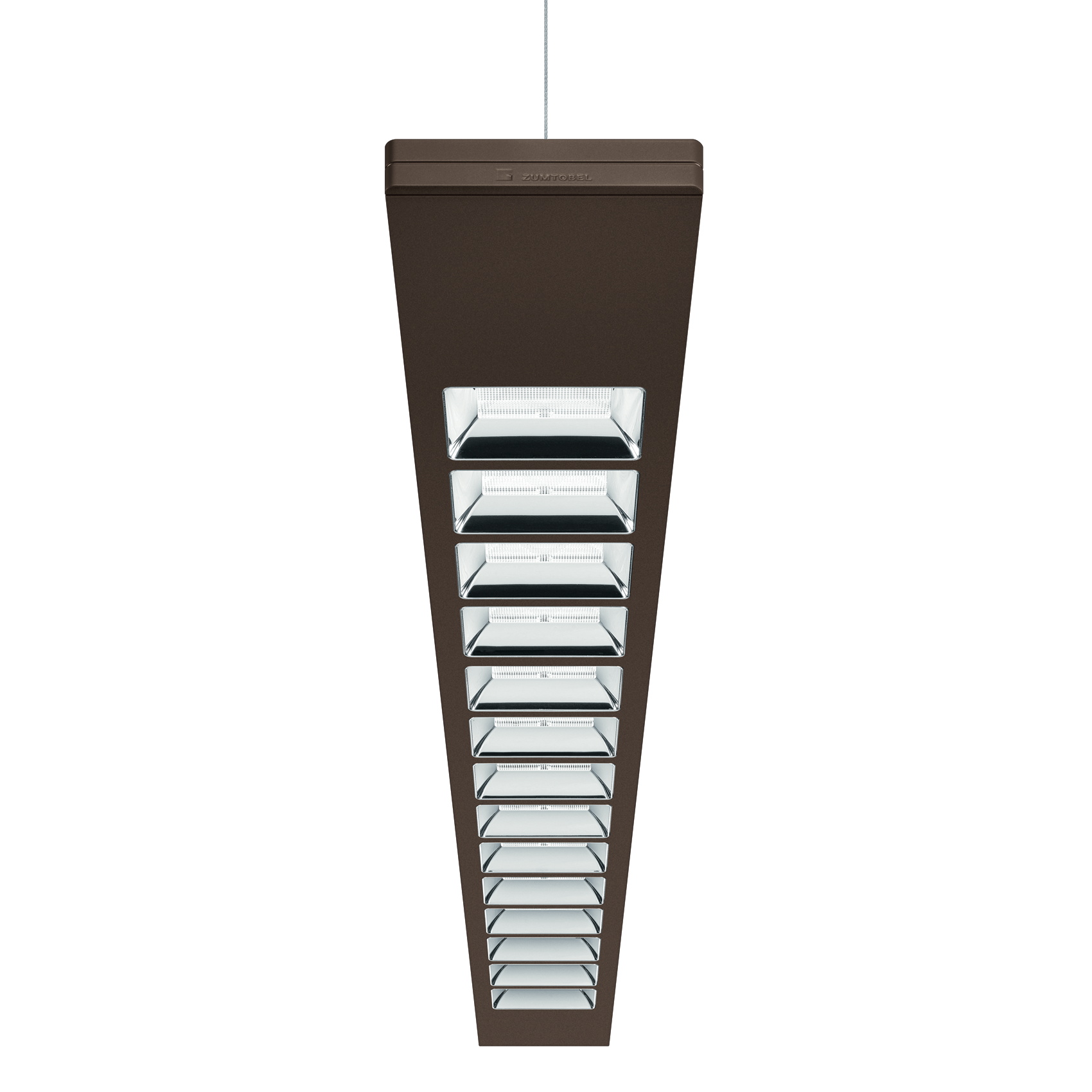 Black, trapezoidal ceiling luminaire with multiple rectangular light chambers that precisely direct the light; this lighting solution ensures structured and efficient illumination.