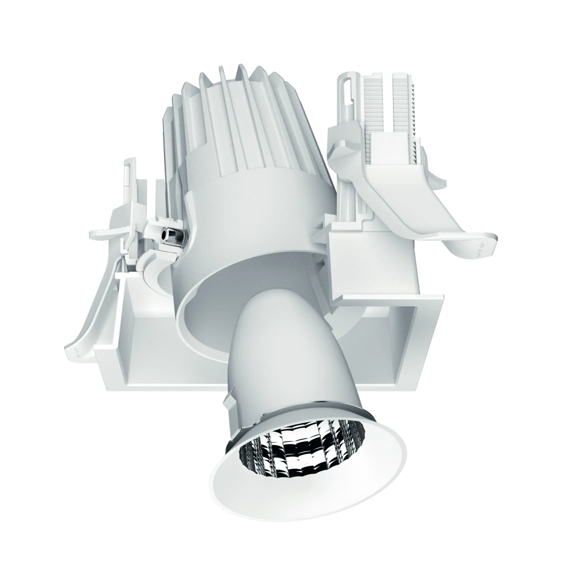 The DIAMO recessed luminaire is shown divided into its individual parts on a transparent background.