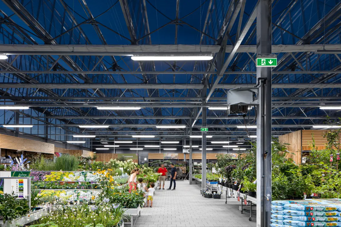 Indoor Garden with plants and emergency luminaires.