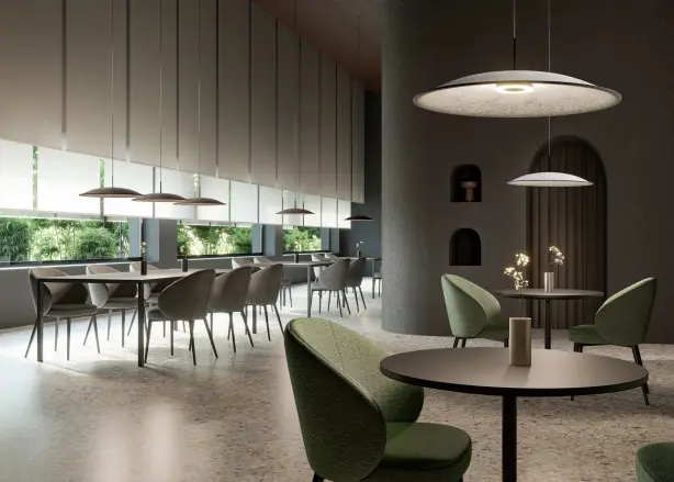 Image d’application de la marque Panzeri dans un restaurant avec des sièges et de grands luminaires au-dessus des tables