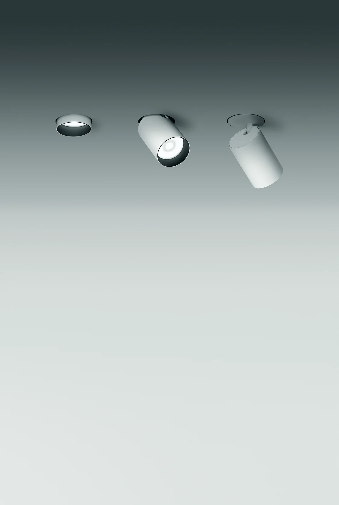 SU2_P_Deckeneinbau_hgd.png: Le système d’éclairage SUPERSYSTEM II comprend trois spots encastrés orientables, qui illuminent les espaces modernes avec une lumière précise.