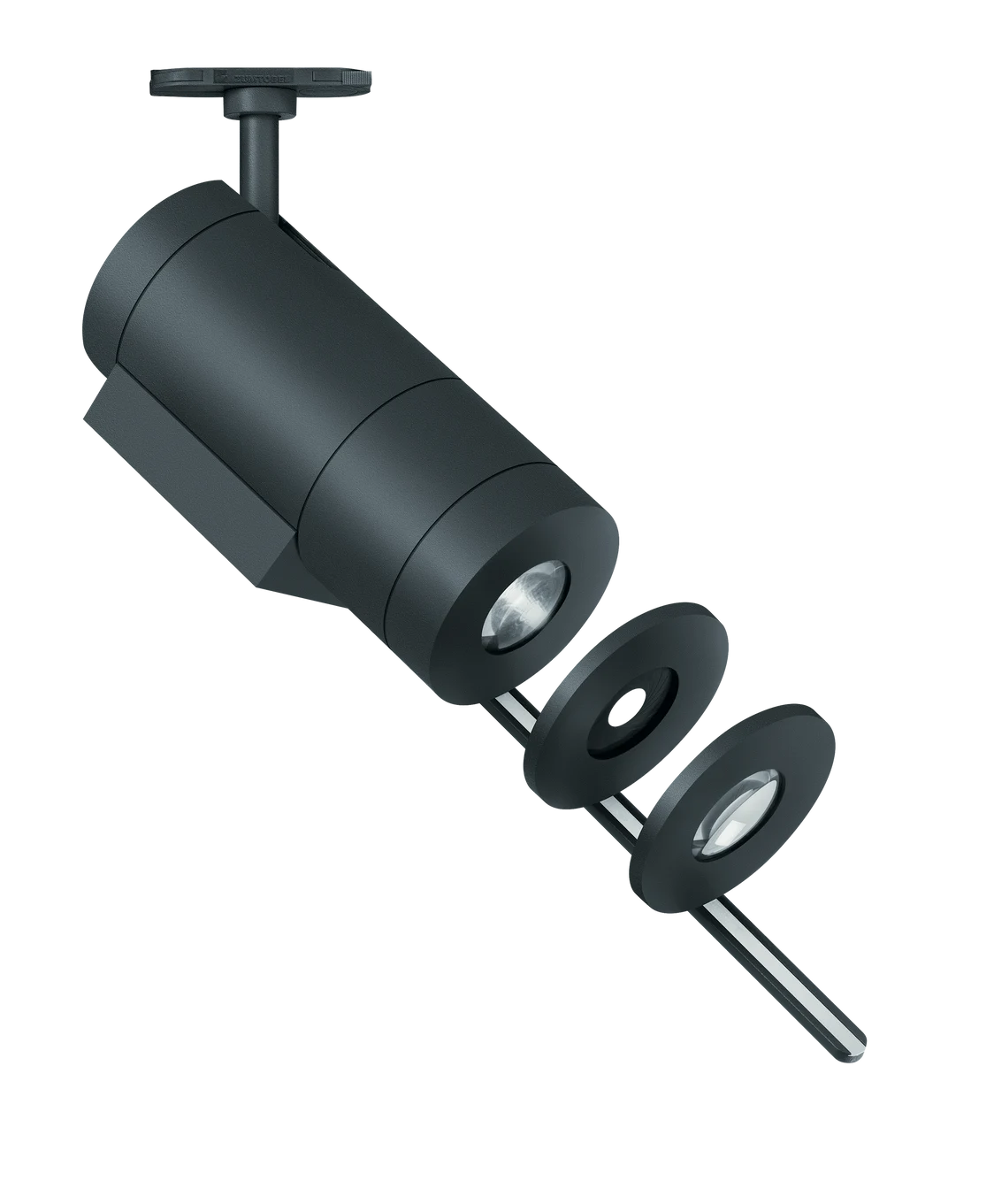 The ARCOS lighting system with adjustable focus and multiple lens components is shown in dark grey, ideal for precise accent lighting.