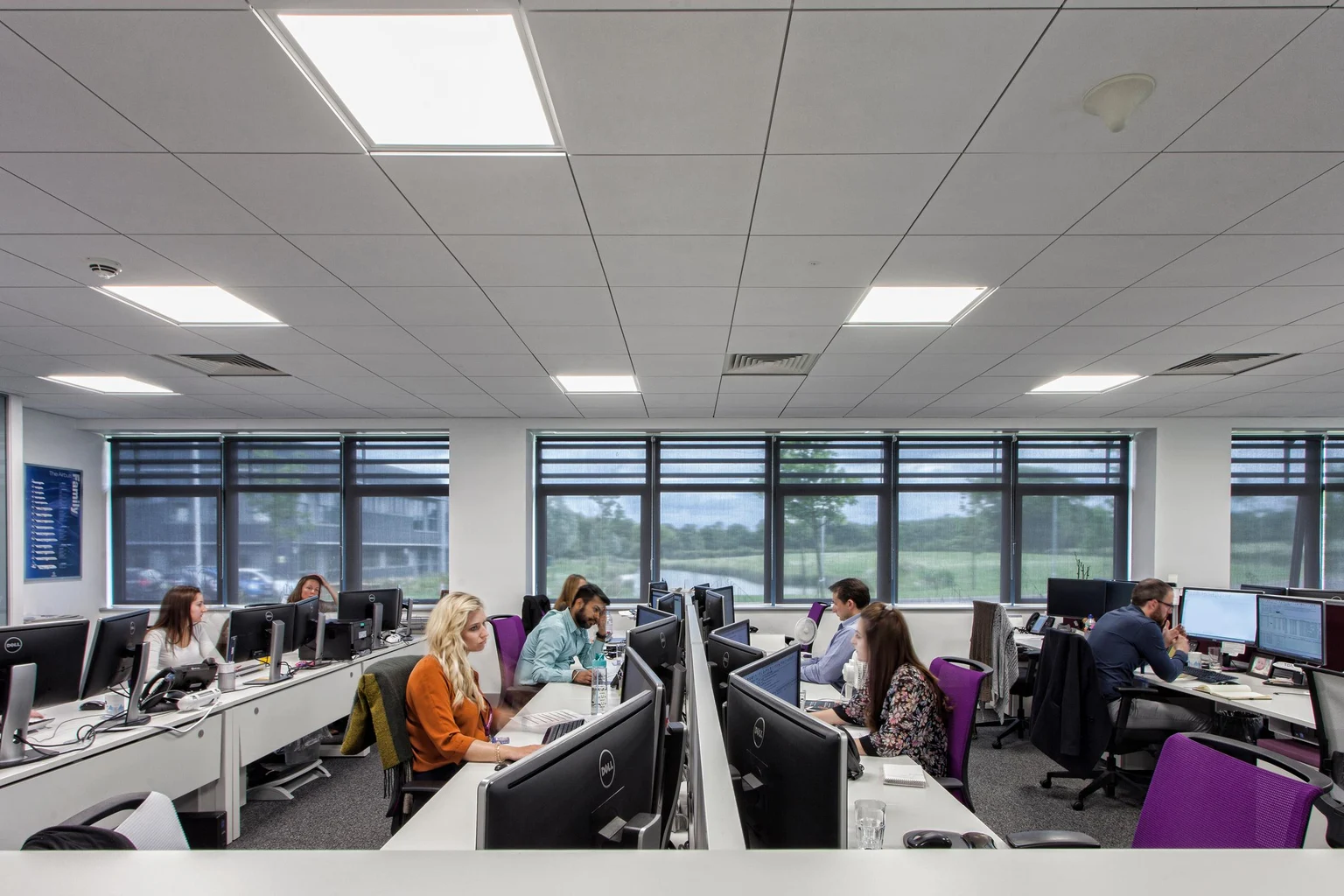Verschillende mensen werken aan bureaus met computers in een lichte, moderne en grote kantoorruimte met grote ramen en plafondverlichting. De werkruimte heeft een prettige werksfeer en biedt uitzicht op het groen buiten.