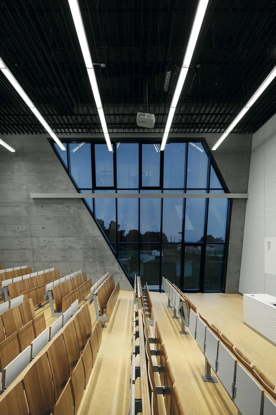 Moderna aula magna con facciata in vetro inclinata e pareti in cemento a vista, illuminata da lunghe luci a LED sul soffitto. Le file di sedili sono realizzate in legno chiaro e offrono una vista sulle grandi finestre affacciate sull'esterno.
