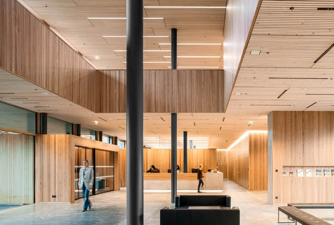 Flur mit Holzverkleidung und Holzlamellendecke, integrierten LED-Lichtbändern sowie einer zentralen Treppe. Große Fenster auf der rechten Seite sorgen für viel Tageslicht und eine helle, freundliche Atmosphäre.
