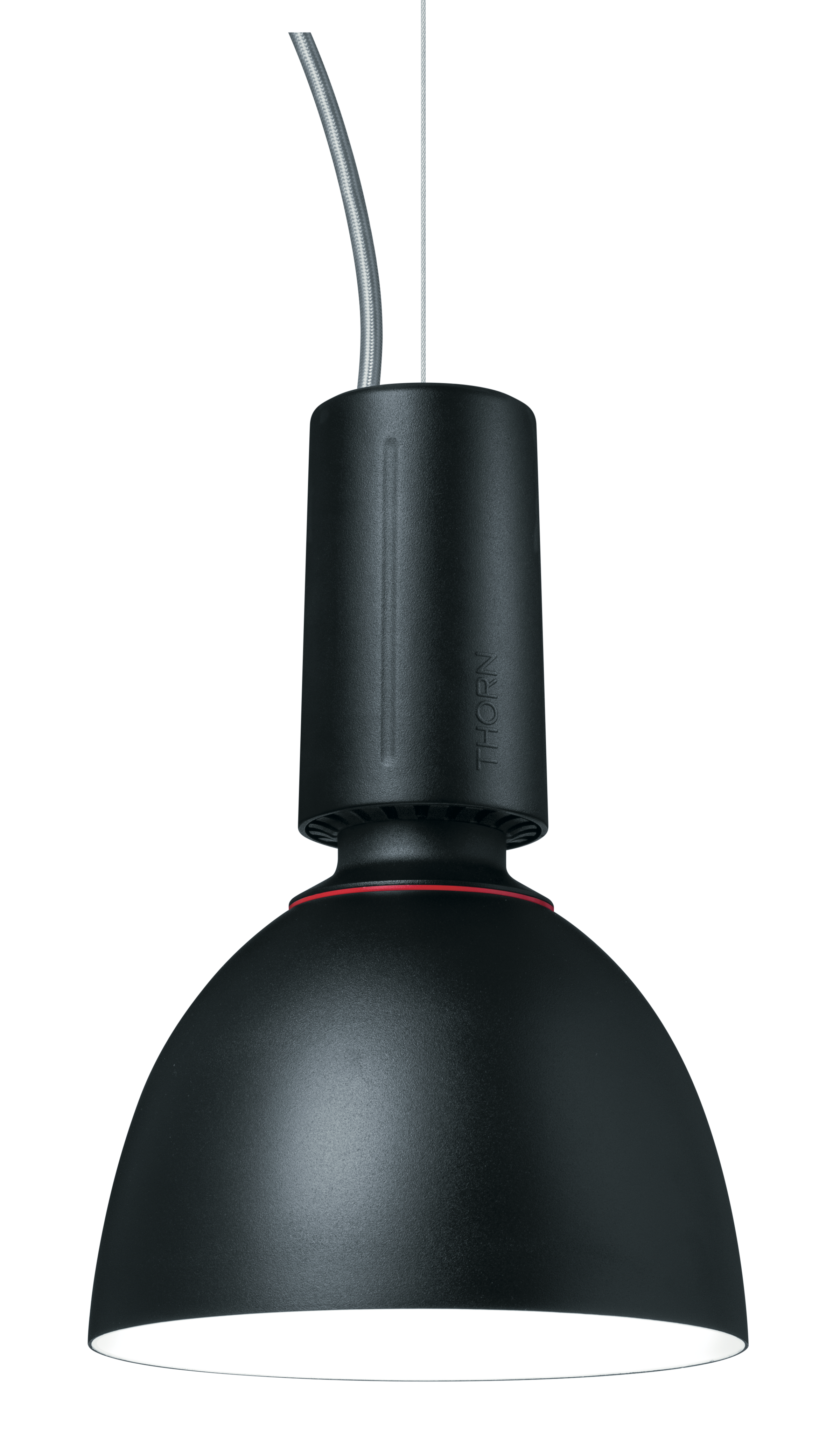 Une suspension moderne au design élégant en forme de dôme noir avec un anneau rouge contrastant. Idéale pour les intérieurs contemporains, elle fournit un éclairage centré et sans éblouissement.