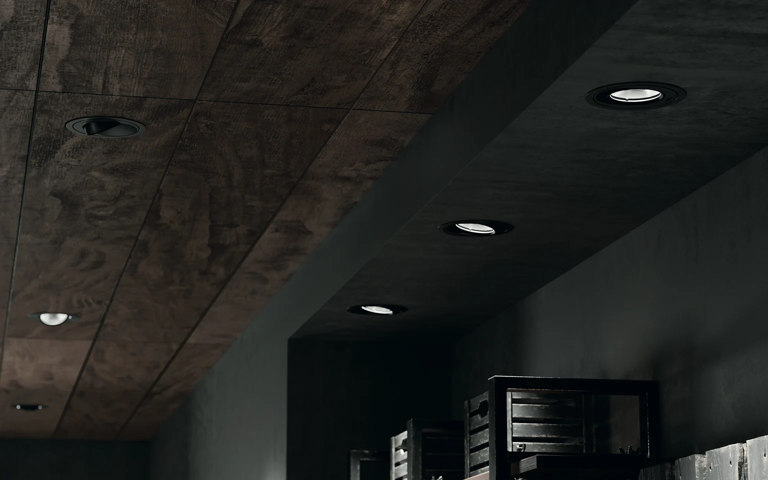 Het CARDAN-verlichtingssysteem verlicht een moderne woonkamer. Twee fauteuils, een tafel en ingelijste schilderijen zijn zichtbaar.