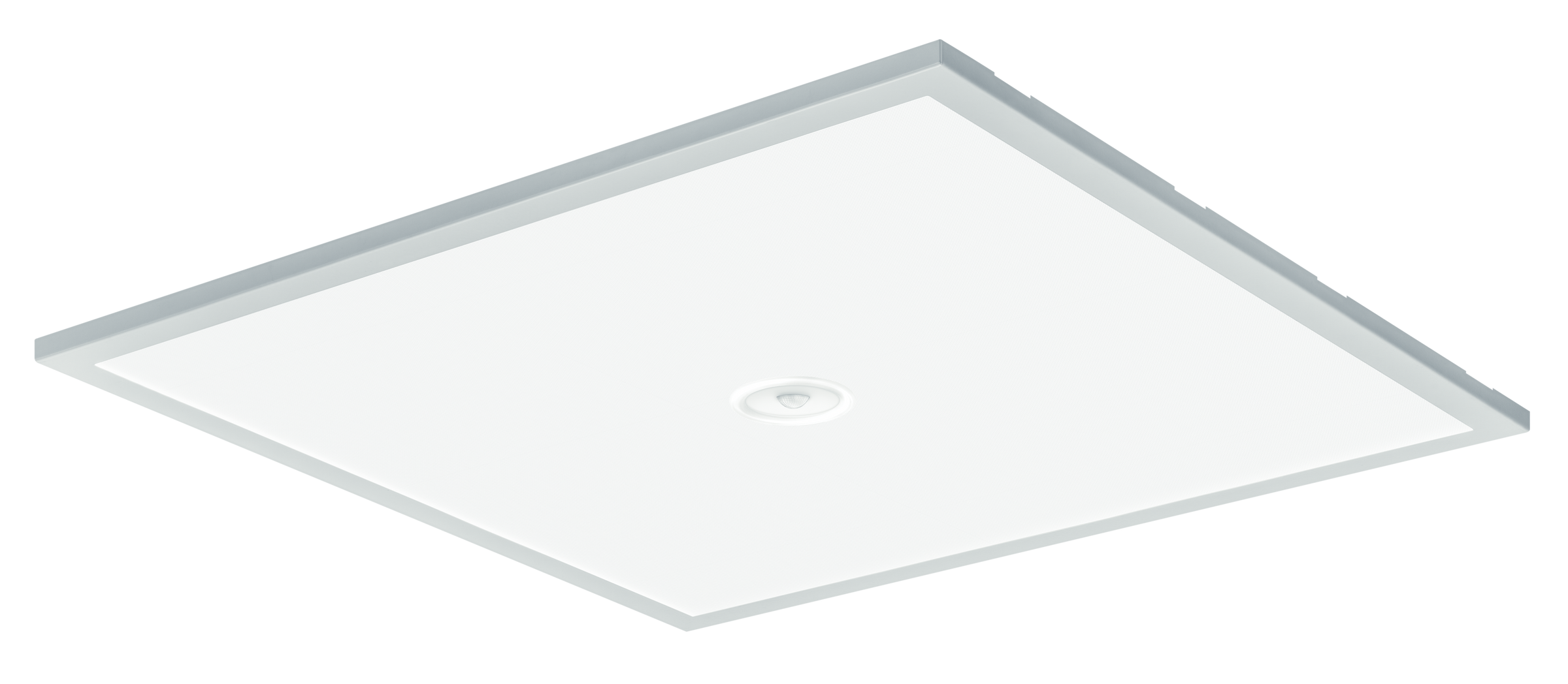 Een vierkante led-plafondlamp met een slank, frameloos ontwerp en een centrale sensor. De armatuur biedt heldere, gelijkmatige verlichting, waardoor deze geschikt is voor kantoren, commerciële ruimtes of moderne interieurs.