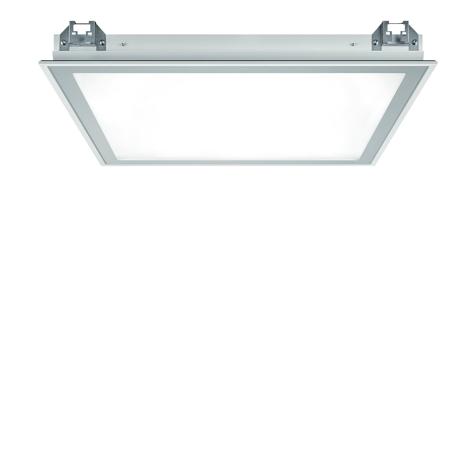 Rectangular, flat-mounted LED ceiling light with white frame and large, evenly light-diffusing surface; two metal mounting brackets are visible at the top.
