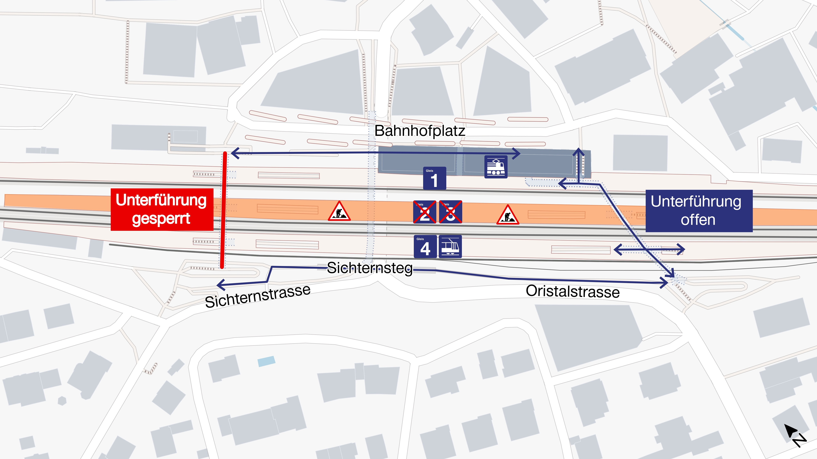 In Liestal sind Gleise 2 und 3 sowie die Unterführung Sichtern gesperrt. Es ist die Personenunterführung Oristal zu benützen.